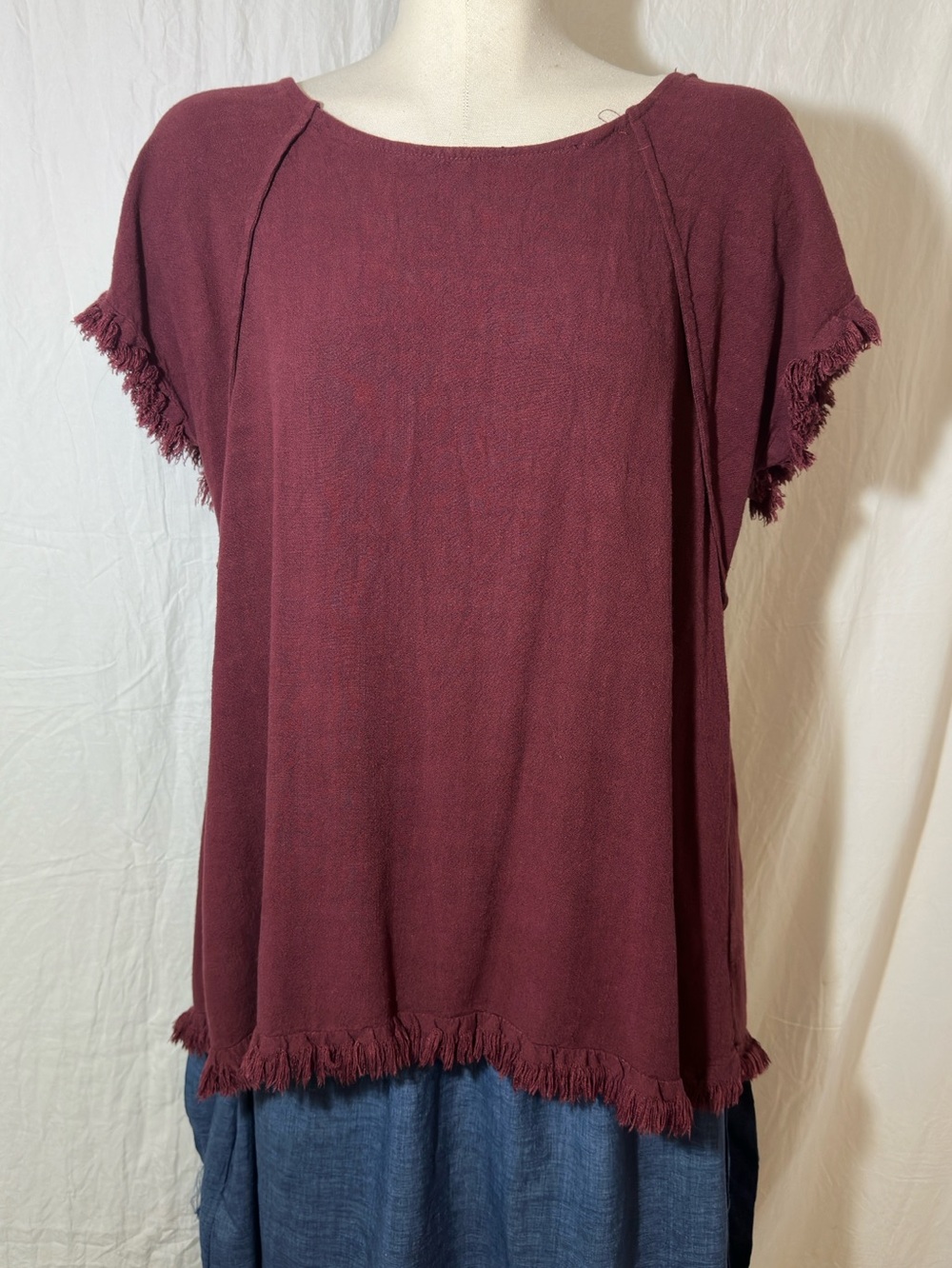 Umgee Burgundy Fringe Sleeve & Hem Short Sleeve Tunic